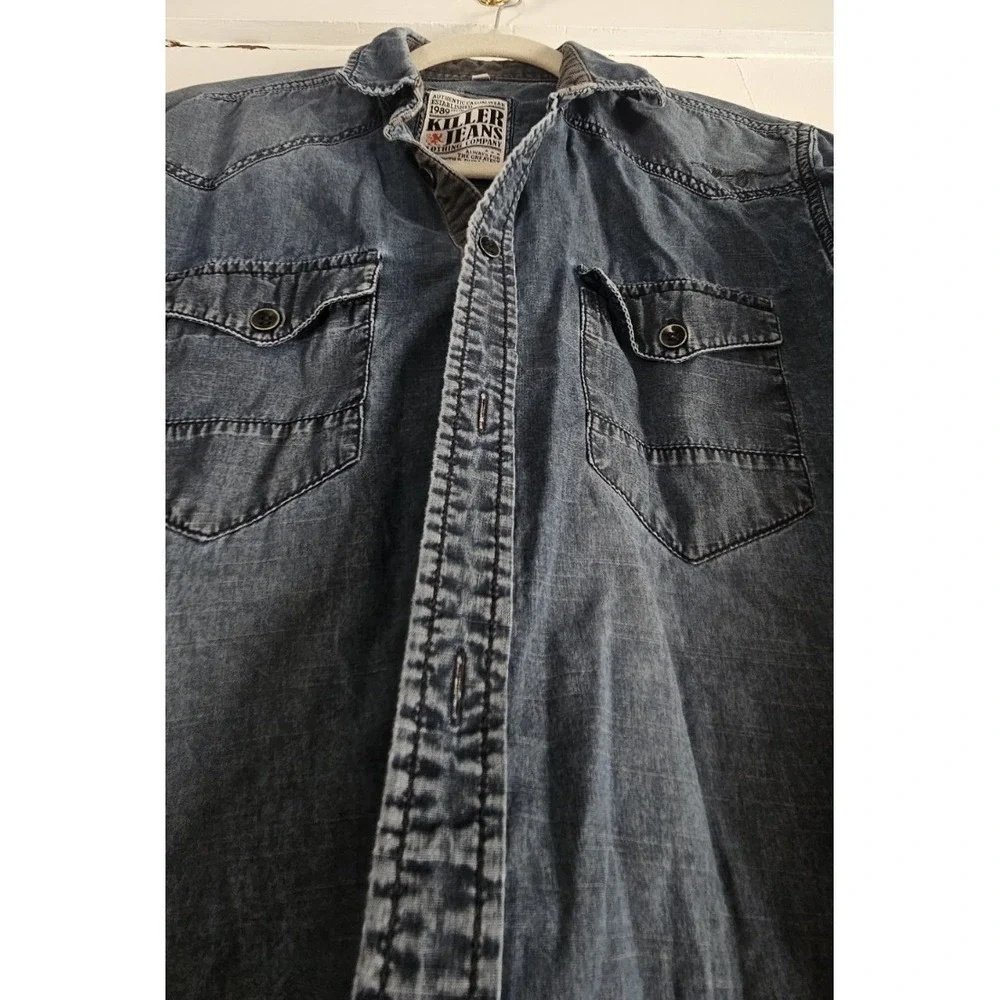 KILLER JEANS dark wash button up denim shirt dual‎ chest pockets Mens M